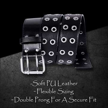 WHIPPY Double Grommet Belt for Women Men PU Leather Vintage Punk Rock Jeans Belts Double Prong Buckl...