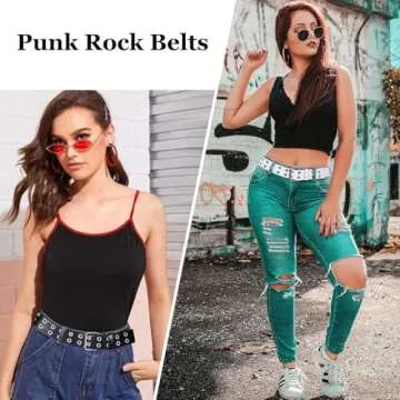 WHIPPY Double Grommet Belt for Women Men PU Leather Vintage Punk Rock Jeans Belts Double Prong Buckle Eyelet Belt (White, S)