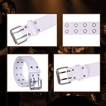 WHIPPY Double Grommet Belt for Women Men PU Leather Vintage Punk Rock Jeans Belts Double Prong Buckle Eyelet Belt (White, S)