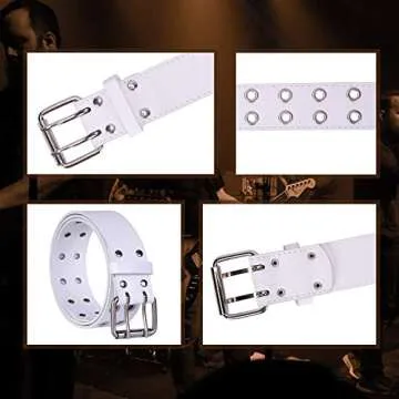 WHIPPY Double Grommet Belt for Women Men PU Leather Vintage Punk Rock Jeans Belts Double Prong Buckle Eyelet Belt (White, S)