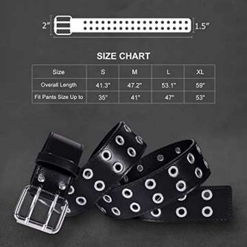 WHIPPY Double Grommet Belt for Women Men PU Leather Vintage Punk Rock Jeans Belts Double Prong Buckle Eyelet Belt (White, S)