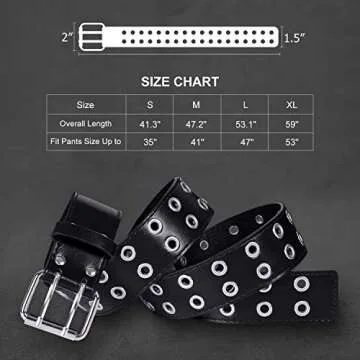 WHIPPY Double Grommet Belt for Women Men PU Leather Vintage Punk Rock Jeans Belts Double Prong Buckle Eyelet Belt (White, S)