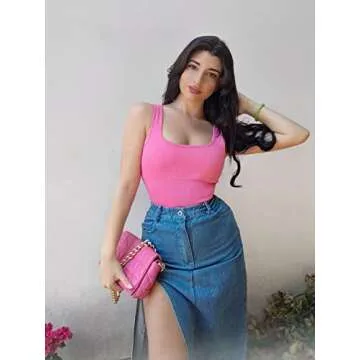 SUUKSESS Women Ribbed Seamless Sexy Bodysuit Sleeveless Square Neck Padded Tank Top (Hot Pink,L)
