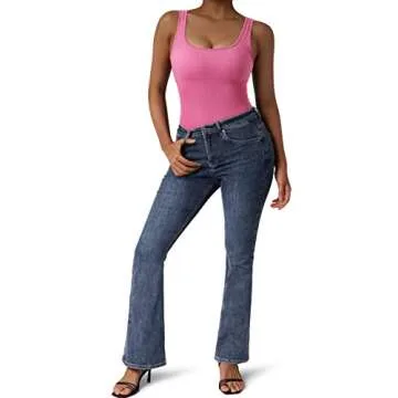SUUKSESS Women Ribbed Seamless Sexy Bodysuit Sleeveless Square Neck Padded Tank Top (Hot Pink,L)