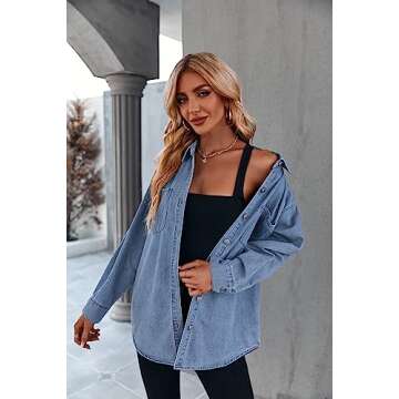 Women's Casual Button Down Denim Shirt Long Sleeve Boyfriend Oversized Jean Jacket with Pockets