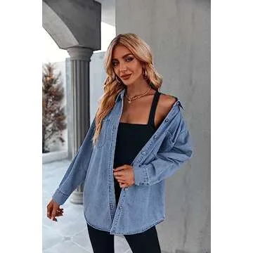 Women's Casual Button Down Denim Shirt Long Sleeve Boyfriend Oversized Jean Jacket with Pockets