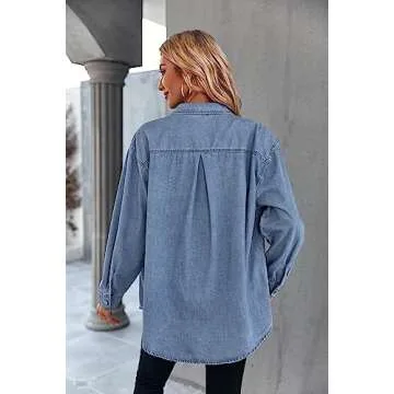 Women's Casual Button Down Denim Shirt Long Sleeve Boyfriend Oversized Jean Jacket with Pockets