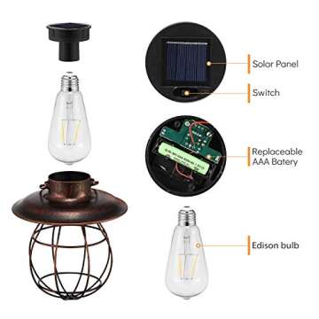 Hanging Solar Light Lantern Outdoor - Pearlstar Vintage Solar Powered Waterproof Metal Lantern with ...