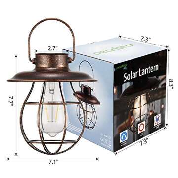 Hanging Solar Light Lantern Outdoor - Pearlstar Vintage Solar Powered Waterproof Metal Lantern with Edison Bulb, Great Decor for Pathway Garden Patio Porch