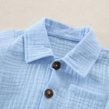 Baby Boys Clothes Set Toddler Infant Boys Button-Down Shirt Tops + Cotton Gauze Shorts Summer Outfit 2PCS with Pockets (Blue, 12-18 Months)