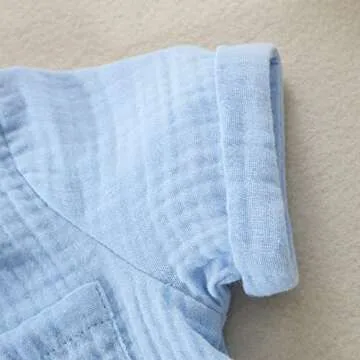 Baby Boys Clothes Set Toddler Infant Boys Button-Down Shirt Tops + Cotton Gauze Shorts Summer Outfit 2PCS with Pockets (Blue, 12-18 Months)