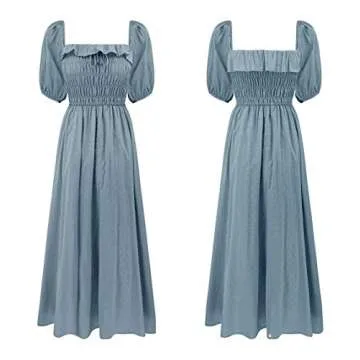 R.Vivimos Women Summer Half Sleeve Cotton Ruffled Vintage Elegant Backless A Line Flowy Long Dresses (Medium, Haze Blue-1)
