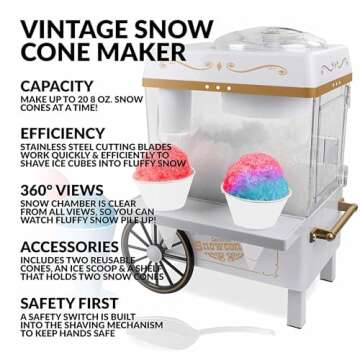 Nostalgia Snow Cone Shaved Ice Machine - Retro Table-Top Slushie Machine Makes 20 Icy Treats - Inclu...