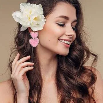 Boho Beaded Earrings Statement Heart Shaped Earrings Handwoven Drop Earrings for Valentine's Day and Mother's Day (pink)