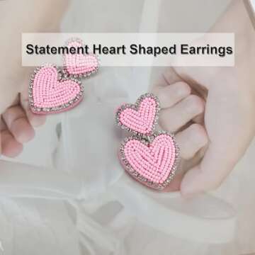 Boho Beaded Earrings Statement Heart Shaped Earrings Handwoven Drop Earrings for Valentine's Day and Mother's Day (pink)