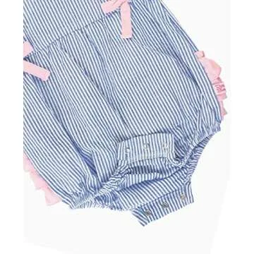 RuffleButts® Girls Blue Seersucker Ruffle Romper 18-24m