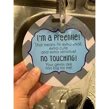 THREE LITTLE TOTS – Blue Boy Preemie No Touching Baby Car Seat Sign or Stroller Tag – Preemie Gift – CPSIA Safety Tested