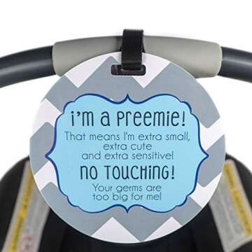 THREE LITTLE TOTS – Blue Boy Preemie No Touching Baby Car Seat Sign or Stroller Tag – Preemie Gift – CPSIA Safety Tested