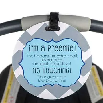 THREE LITTLE TOTS – Blue Boy Preemie No Touching Baby Car Seat Sign or Stroller Tag – Preemie Gift – CPSIA Safety Tested