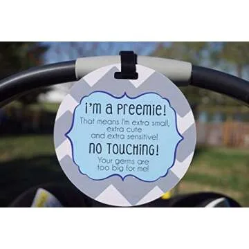 THREE LITTLE TOTS – Blue Boy Preemie No Touching Baby Car Seat Sign or Stroller Tag – Preemie Gift – CPSIA Safety Tested