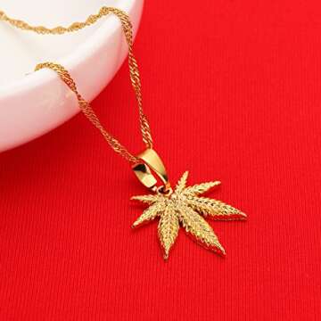 24K Yellow Gold Color Jewelry Cannabis Weed Marijuana Leaf Pendant Necklace