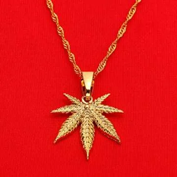 24K Yellow Gold Color Jewelry Cannabis Weed Marijuana Leaf Pendant Necklace