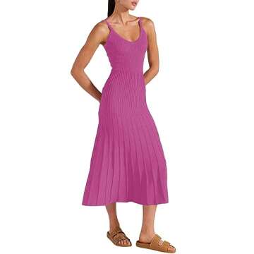 Wenrine Women's Spaghetti Strap Dress Summer Sleeveless V Neck Ribbed Knit Bodycon Stretchy Casual Midi Sundresses Pink