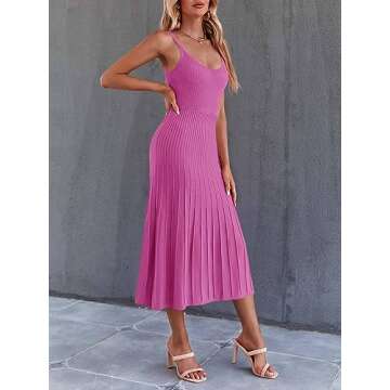 Wenrine Women's Spaghetti Strap Dress Summer Sleeveless V Neck Ribbed Knit Bodycon Stretchy Casual Midi Sundresses Pink