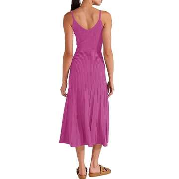 Wenrine Women's Spaghetti Strap Dress Summer Sleeveless V Neck Ribbed Knit Bodycon Stretchy Casual Midi Sundresses Pink