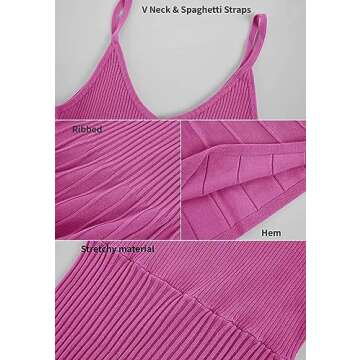 Wenrine Women's Spaghetti Strap Dress Summer Sleeveless V Neck Ribbed Knit Bodycon Stretchy Casual Midi Sundresses Pink