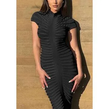 Tbahhir Women's Sexy Knit Sweater Long Dress Mock Neck Cap Sleeve Bodycon Wrap Club Party Dresses B-Black