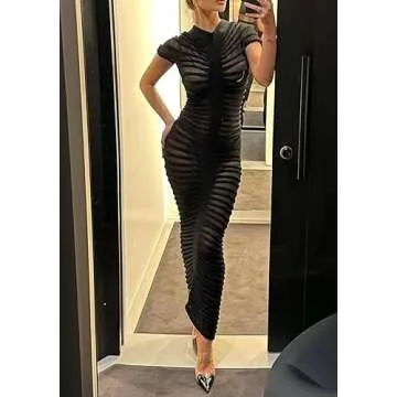 Tbahhir Women's Sexy Knit Sweater Long Dress Mock Neck Cap Sleeve Bodycon Wrap Club Party Dresses B-Black