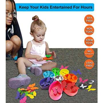 Skoolzy Butterfly Color Sorting 75 Piece Toys_and_Games Set, Counting Learning Activities for Toddlers & Preschool Educational Toys for oddler, Preschool, Kindergarten, 1st Grade Includes ebook