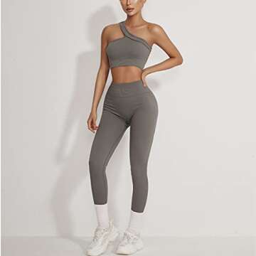 ABOCIW Seamless Ribbed Workout Sets Women 2 Piece GMY Yoga One Shoulder Sport BraTummy Control High Waist Leggings Sets Exercise Tracksuit Gray Medium