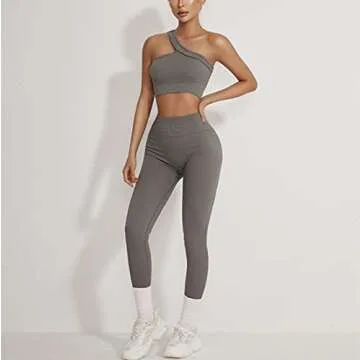 ABOCIW Seamless Ribbed Workout Sets Women 2 Piece GMY Yoga One Shoulder Sport BraTummy Control High Waist Leggings Sets Exercise Tracksuit Gray Medium