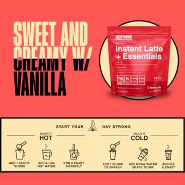 STRONG COFFEE COMPANY, Morning FIX, Instant Vanilla Latte - 12 Single Serving Packs, 15g Protein, Instant Protein Coffee with Collagen, Adaptogens & Nootropics