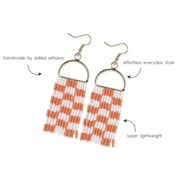 Orange White Checkered Boho Earrings for Game Day Fashion