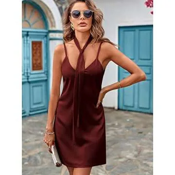 ZAFUL Women's Casual Satin Dress Spaghetti Strap Cowl Neck Slips Side Slit Cocktail Party Silk Mini Cami Dresses