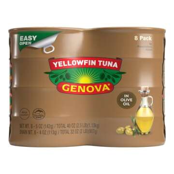 Genova Premium Yellowfin Tuna in Olive Oil - 5 Ounce Cans (Pack of 8), Wild Caught Canned Tuna, Soli...