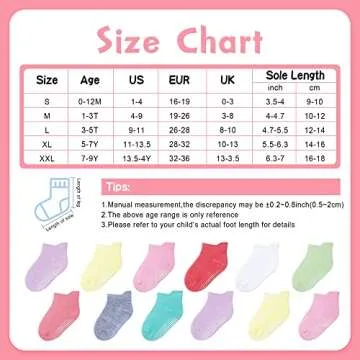 HYzgb Toddler Girls Socks 1T 2T 3T Non Slip Grips 12 Pairs Baby Socks 12-18-24 Months with Grippers Toddler Ankle Cotton Socks for Girls 1-2-3 Years Old (Bright Candy Colors)