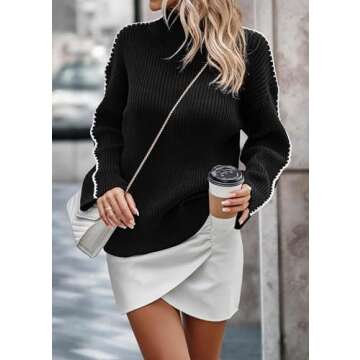 KIRUNDO Women's 2024 Fall Mock Neck Long Sleeve Ribbed Knit Contrast Stitching Oversized Chunky Sweater Pullover Top Black