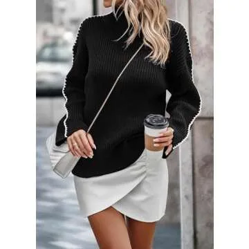 KIRUNDO Women's 2024 Fall Mock Neck Long Sleeve Ribbed Knit Contrast Stitching Oversized Chunky Sweater Pullover Top Black