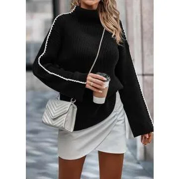 KIRUNDO Women's 2024 Fall Mock Neck Long Sleeve Ribbed Knit Contrast Stitching Oversized Chunky Sweater Pullover Top Black