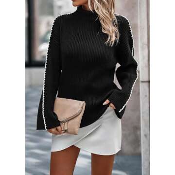 KIRUNDO Women's 2024 Fall Mock Neck Long Sleeve Ribbed Knit Contrast Stitching Oversized Chunky Sweater Pullover Top Black