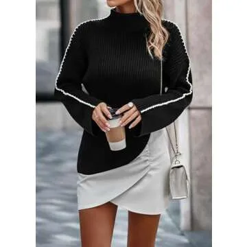 KIRUNDO Women's 2024 Fall Mock Neck Long Sleeve Ribbed Knit Contrast Stitching Oversized Chunky Sweater Pullover Top Black