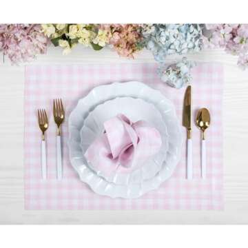 Solino Home Gingham Check Linen Placemats 14 x 19 Inch - Marshmellow Pink, 100% Pure Linen Easter Pl...