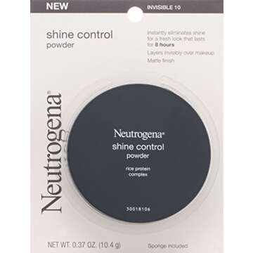 Neutrogena Shine Control Mattifying Face Powder for Oily or Combination Skin, Lightweight & Oil-Absorbing Powder with Rice Protein, Compact with Application Sponge, Invisible 10,.37 oz.