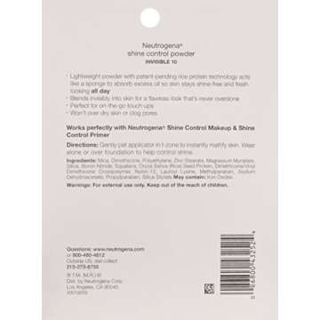 Neutrogena Shine Control Mattifying Face Powder for Oily or Combination Skin, Lightweight & Oil-Absorbing Powder with Rice Protein, Compact with Application Sponge, Invisible 10,.37 oz.