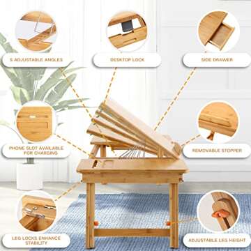 Laptop Desk Nnewvante Bamboo Laptop Table Adjustable Lap Tray Bed Serving Tray Breakfast Table Folda...