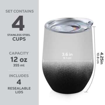 FineDine Triple Insulated Wine Tumbler With Lid (4 Pack) 12oz Stainless Steel Set- Tumblers Keep Drinks Hot & Cold for Outdoors, Beach, Picnics- Unbreakable Glasses With BPA Free Lids (White/Black)